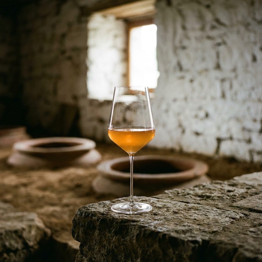 Glas Orange Wine vor eingegrabenen Qvevri-Amphoren im Keller