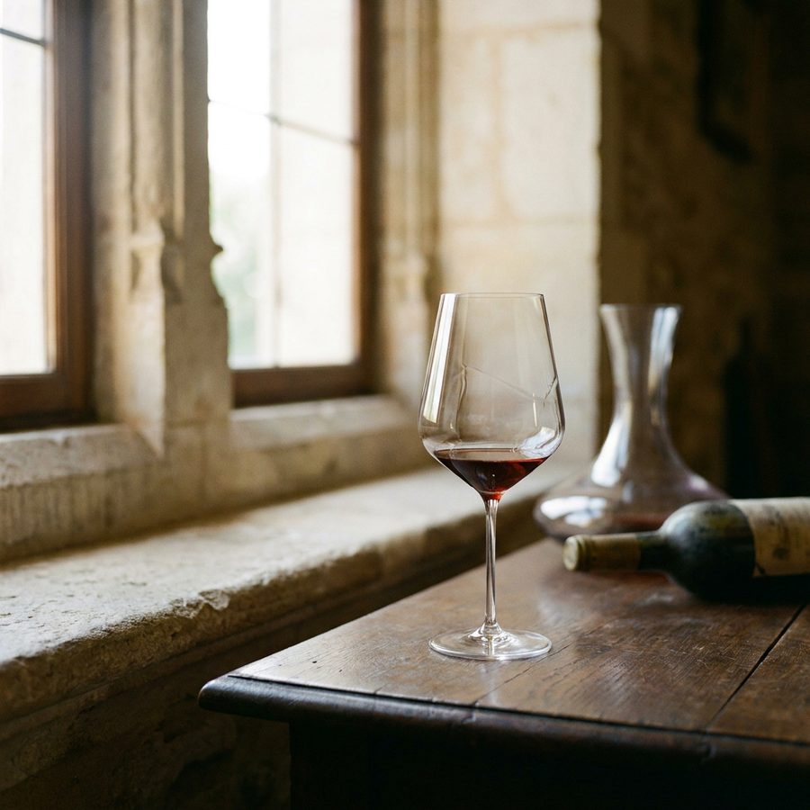 Glas gereifter Rotwein mit Ziegelrand vor einem alten Steinfenster